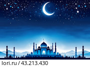 Tranquil Eid AlFitr background illustration in shades of blue and white. The mosque stands out in the misty sky, adorned with hanging stars. Стоковое AI-изображение, AI-художник Анна Маркина / Фотобанк Лори