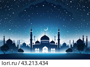 A peaceful scene of Eid AlFitr depicted in blue and white tones. The mosque silhouette is set against a foggy sky with stars dangling elegantly. Стоковое AI-изображение, AI-художник Анна Маркина / Фотобанк Лори