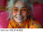 Happy cool old lady portrait, grandmother with extravagant style, fashionable clothes, seniority and elderly people. Стоковое AI-изображение, AI-художник Станислав Тарко / Фотобанк Лори