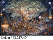 A lively fairy-tale scene in a magical forest. In the center of the composition is a huge tree with brightly glowing lanterns hanging on its branches. The inhabitants of the magical world gathered around the tree: fairies, elves, gnomes and other fairy-tale creatures. They are all busy with different things: some are talking, some are playing, and some are doing crafts. Стоковое AI-изображение, AI-художник Анна Кривицкая / Фотобанк Лори