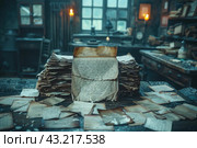 An ancient room filled with old letters and documents. In the center of the table lies a large stack of yellowed papers with faded ink and torn edges. There are individual pages scattered around, giving the scene an atmosphere of desolation and mystery. Antique furniture and bookshelves filled with books can be seen in the background, along with a burning candle creating soft, warm lighting. The setting is reminiscent of the office of a scientist or writer working on manuscripts in the last century. Стоковое AI-изображение, AI-художник Анна Кривицкая / Фотобанк Лори