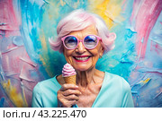 Portrait of an extraordinary, stylish, fashionable elderly woman, a pensioner of 70 years old, with glasses and ice cream in her hand. The concept of happy seniors and delicious desserts. Стоковое AI-изображение, AI-художник Photojuli / Фотобанк Лори