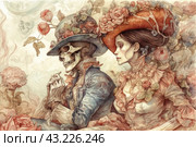 An artistic work in a style reminiscent of romantic Victorian or Baroque. The image shows two characters: a skeleton in rich clothes decorated with flowers, and a pale-skinned woman in a beautiful dress and hat, also decorated with flowers. The atmosphere of the image is gentle and slightly melancholy, which creates a fairy-tale mood. Both characters look like they are from a different era and their surroundings also include floral motifs, adding to the charm and mystery of the scene. Стоковое AI-изображение, AI-художник Анна Кривицкая / Фотобанк Лори