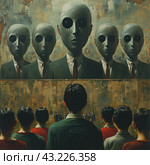 A scene representing a dystopian society. In the center of the composition are huge figures with masks instead of faces, dressed in formal suits. Their eyes are empty black holes, and some eyes have black tears flowing from them, giving them an ominous and frightening appearance. The figures stand in a row, looking straight ahead. In the foreground you can see the backs of people standing in identical clothes, watching what is happening. The background features abstract, dark elements that reinforce the atmosphere of oppression and control. Стоковое AI-изображение, AI-художник Анна Кривицкая / Фотобанк Лори