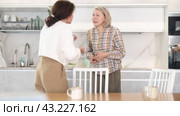 Relatives quarrel in the kitchen - an adult daughter quarrels with an elderly mother. Стоковое видео, видеограф Яков Филимонов / Фотобанк Лори