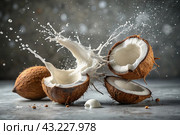 Splashes of coconut milk and palm leaves. Coconuts with a milky splash on a gray background. A banner for sweets, spa cosmetics or creams for body and face care. Стоковое AI-изображение, AI-художник Photojuli / Фотобанк Лори
