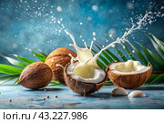 Splashes of coconut milk and palm leaves. Coconuts with a milky splash on a blue background. A banner for sweets, spa cosmetics or creams for body and face care. Стоковое AI-изображение, AI-художник Photojuli / Фотобанк Лори