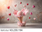 Sweet dessert. The love of ice cream. A heart-shaped ice cream cone with splash, hearts and splashes. The concept of Valentine's Day. Banner, advertisement. Стоковое AI-изображение, AI-художник Photojuli / Фотобанк Лори
