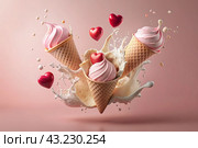 Sweet dessert. The love of ice cream. A heart-shaped ice cream cone with splash, hearts and splashes. The concept of Valentine's Day. Banner, advertisement. Стоковое AI-изображение, AI-художник Photojuli / Фотобанк Лори