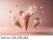 Sweet dessert. The love of ice cream. A heart-shaped ice cream cone with splash, hearts and splashes. The concept of Valentine's Day. Banner, advertisement. Стоковое AI-изображение, AI-художник Photojuli / Фотобанк Лори