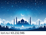 Blue and white Eid AlFitr illustration featuring a mosque silhouette against a foggy sky, adorned with twinkling stars. Стоковое AI-изображение, AI-художник Анна Маркина / Фотобанк Лори