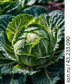 A detailed close-up of a fresh savoy cabbage shows the intricate patterns of its leaves, veined textures. Savoy cabbage Brassica oleracea L convar capitata var sabauda is vegetable crop. Generated AI. Стоковое AI-изображение, AI-художник Юлия Петровская / Фотобанк Лори
