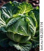 A detailed close-up of a fresh savoy cabbage shows the intricate patterns of its leaves, veined textures. Savoy cabbage Brassica oleracea L convar capitata var sabauda is vegetable crop. Generated AI. Стоковое AI-изображение, AI-художник Юлия Петровская / Фотобанк Лори