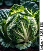 A detailed close-up of a fresh savoy cabbage shows the intricate patterns of its leaves, veined textures. Savoy cabbage Brassica oleracea L convar capitata var sabauda is vegetable crop. Generated AI. Стоковое AI-изображение, AI-художник Юлия Петровская / Фотобанк Лори