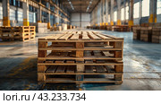 Деревянные поддоны на пустом складе. Wooden pallet stacked in empty warehouse. Стоковое AI-изображение, AI-художник Katsiaryna Repich / Фотобанк Лори