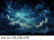 A breathtaking view of the night sky dotted with many bright stars. Fluffy clouds can be seen between the stars, creating a contrast between light and dark. The sky shimmers with different shades of blue and black, giving the scene depth and a mystical atmosphere. Many meteors cross the sky, leaving glowing trails behind them. This spectacle fills the picture with a sense of magic and endless space. Стоковое AI-изображение, AI-художник Анна Кривицкая / Фотобанк Лори