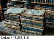An ancient library or archive with many old books and manuscripts. In the foreground are two stacks of books with tattered covers and yellowed pages. Some books lie open, revealing handwritten text and drawings. In the background, shelves filled with antique volumes are visible, giving the scene an atmosphere of history and time. Стоковое AI-изображение, AI-художник Анна Кривицкая / Фотобанк Лори