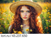 Spring flowering. Portrait of a beautiful curly-haired girl in a straw hat in a blooming field. The girl poses and looks at the camera. Стоковое AI-изображение, AI-художник Photojuli / Фотобанк Лори
