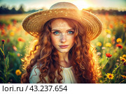 Spring flowering. Portrait of a beautiful curly-haired girl in a straw hat in a blooming field. The girl poses and looks at the camera. Стоковое AI-изображение, AI-художник Photojuli / Фотобанк Лори