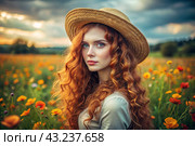 Spring flowering. Portrait of a beautiful curly-haired girl in a straw hat in a blooming field. The girl poses and looks at the camera. Стоковое AI-изображение, AI-художник Photojuli / Фотобанк Лори