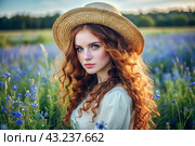 Spring flowering. Portrait of a beautiful curly-haired girl in a straw hat in a blooming field. The girl poses and looks at the camera. Стоковое AI-изображение, AI-художник Photojuli / Фотобанк Лори
