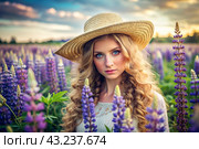 Spring flowering. Portrait of a beautiful curly-haired girl in a straw hat in a blooming field of lupines. The girl poses and looks at the camera. Стоковое AI-изображение, AI-художник Photojuli / Фотобанк Лори