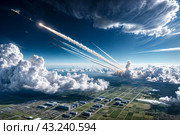 Ballistic military missile in blue sky with clouds, rocket launch trace. Anti-aircraft defense by military complexes, military aid, protection of sky. War concept on Earth. Copy ad text space. Стоковое AI-изображение, AI-художник Aleksandr Golubev / Фотобанк Лори
