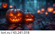 Glowing Jack-O-Lanterns in a Spooky Forest Setting at Night. Стоковое AI-изображение, AI-художник Сергей Толмачёв / Фотобанк Лори