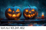 Glowing Jack-O-Lanterns in a Spooky Forest Setting at Night. Стоковое AI-изображение, AI-художник Сергей Толмачёв / Фотобанк Лори