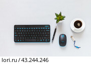 ANGARSK, IRKUTSK REGION, RUSSIA - May 27, 2024: Flat lay of desktop with Logitech keyboard, wireless mouse, cup of morning coffee. Remote work item. Logitech high productivity for creative work. Редакционное фото, фотограф Виктория Катьянова / Фотобанк Лори