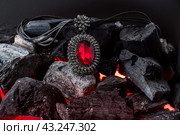 Кулона с красным камнем и бриллиантами вокруг камня лежит на раскаленных углях. Стоковое фото, фотограф Галина Эмберг / Фотобанк Лори