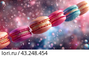 Разноцветные макаруны, летящие в пространстве, на фоне боке. colorful macarons flying in space with a bokeh background. Стоковое AI-изображение, AI-художник Katsiaryna Repich / Фотобанк Лори