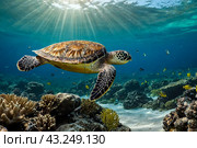 Green sea Turtle (Testudines) mammal swimming in tropical underwaters. Turtles in underwater wild animal world. Observation of wildlife ocean. Scuba diving adventure in Ecuador coast. Copy text space. Стоковое AI-изображение, AI-художник Aleksandr Golubev / Фотобанк Лори