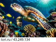 Green sea Turtle (Testudines) mammal swimming in tropical underwaters. Turtles in underwater wild animal world. Observation of wildlife ocean. Scuba diving adventure in Ecuador coast. Copy text space. Стоковое AI-изображение, AI-художник Aleksandr Golubev / Фотобанк Лори