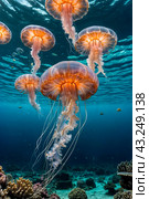 Jellyfish (Cubozoa) swimming in tropical underwaters bottom view. Medusa in underwater wild animal world. Observation of wildlife ocean. Scuba diving in Ecuador coast. Copy text space. Стоковое AI-изображение, AI-художник Aleksandr Golubev / Фотобанк Лори