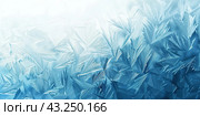Winter frost patterns on glass. Ice crystals. Abstract light blank cold winter background or wallpaper. Frost patterns on frozen window. Frosted glass. Freezing effect. Frostwork. Harsh season. Cold. Стоковое AI-изображение, AI-художник Марина Демидюк / Фотобанк Лори
