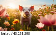 Cute, beautiful pig in a field with flowers in nature, in sunny pink rays. Стоковое AI-изображение, AI-художник ALLA YURTAYEVA / Фотобанк Лори