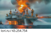 A fire or explosion on an oil platform surrounded by water with visible extinguishing efforts. Стоковое AI-видео, аниматор Юрий Поздников / Фотобанк Лори