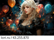 Young girl with long blond hair. She wears a black off-shoulder dress that highlights her sophisticated style. Around the girl there are many colorful balloons - red, orange and blue, creating a festive atmosphere. The background is darkened, which makes the girl and the balls stand out in the foreground. The girl looks dreamy and a little mysterious, which gives the image a romantic and solemn mood. Стоковое AI-изображение, AI-художник Анна Кривицкая / Фотобанк Лори