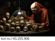 A man in a red hooded robe standing at a table covered with many skulls. The man, likely a necromancer or alchemist, holds a glass vessel with ancient roots and mystical orbs inside. His face looks old and haggard, creating an ominous and mysterious atmosphere. Several cloaked skeletons are visible in the background, adding to the sense of darkness and magic. The stage is lit with soft lighting, highlighting the details of the skulls and robes. Стоковое AI-изображение, AI-художник Анна Кривицкая / Фотобанк Лори