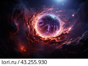 Space scene representing a mysterious space object in the form of a sphere surrounded by hot clouds of cosmic dust and energy. The sphere has a bright glow with electrical discharges, which creates the impression of powerful energy activity. Dark and fiery clouds are visible around the sphere, adding drama and mystery to the picture. The background of the image is dark space with bright stars creating contrast and emphasizing the scale of outer space. Стоковое AI-изображение, AI-художник Анна Кривицкая / Фотобанк Лори