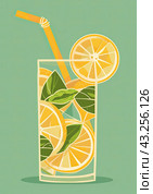 Bright and enticing illustration of a cold glass of iced tea with lemon slices and ice cubes on a sunny background. Стоковое AI-изображение, AI-художник Ярославский Максим / Фотобанк Лори