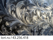Winter frost patterns on glass. Ice crystals. Abstract light blank cold winter background or wallpaper. Frost patterns on frozen window. Frosted glass. Freezing effect. Frostwork. Harsh season. Cold. Стоковое AI-изображение, AI-художник Марина Демидюк / Фотобанк Лори