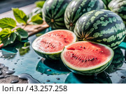 Close-up of fresh watermelon berries. Delicious berries and fruits of bright red color with drops of water. Vegetarianism. Healthy eating. Fresh fruits on the table. Стоковое AI-изображение, AI-художник Photojuli / Фотобанк Лори