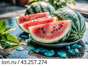Close-up of fresh watermelon berries. Delicious berries and fruits of bright red color with drops of water. Vegetarianism. Healthy eating. Fresh fruits on the table. Стоковое AI-изображение, AI-художник Photojuli / Фотобанк Лори