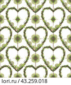 Акварельный паттерн с ботаническими мотивами и сердцами. Green ornament and hearts seamless watercolor pattern. Texture for wallpaper, fabric, wrapping paper, textile and tablecloth. Стоковая иллюстрация, иллюстратор Карнаухова Елена / Фотобанк Лори