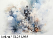 A watercolor painting of a sailor standing at the top of a ship's mast, surrounded by clouds of smoke and fog. A sailor in work clothes looks into the distance, being at a height where the structures of masts and equipment are visible. The painting is made in soft, blurry colors, creating an atmosphere of a foggy and mysterious seascape. In the distance you can see the outlines of other ships immersed in haze. The work conveys a sense of adventure and unpredictability of a sea voyage. Стоковое AI-изображение, AI-художник Анна Кривицкая / Фотобанк Лори
