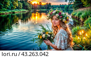 Beautiful woman on the shore of the lake on the day of Ivan Kupala. Стоковое AI-изображение, AI-художник Виктория Кольцова / Фотобанк Лори