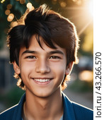 A close-up portrait of a teenage boy with dark tousled hair and brown eyes smiling at the camera. He is wearing a black jacket and a blue shirt. He is outdoors in a natural setting. Generated AI. Стоковое AI-изображение, AI-художник Юлия Петровская / Фотобанк Лори