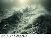 Powerful and stormy waves in the ocean, illuminated by soft light breaking through the clouds. The foam breaks against the crests of the waves, creating a feeling of movement and energy. The atmosphere in the photo is dark and dramatic, emphasizing the power of nature and its unpredictability. The color scheme is primarily made up of shades of gray and green, which adds depth and contrast to the scene. Стоковое AI-изображение, AI-художник Анна Кривицкая / Фотобанк Лори